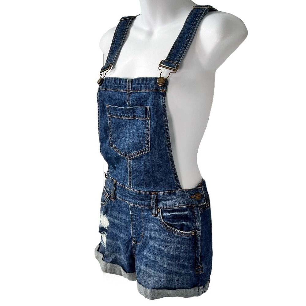 Dollhouse Womens Distressed Denim Shortalls Sz 5 Blue Overall Shorts Y2K‎